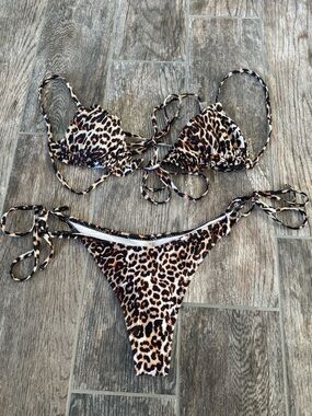 Leopard Print Tie-Side Bikini Set - Brown